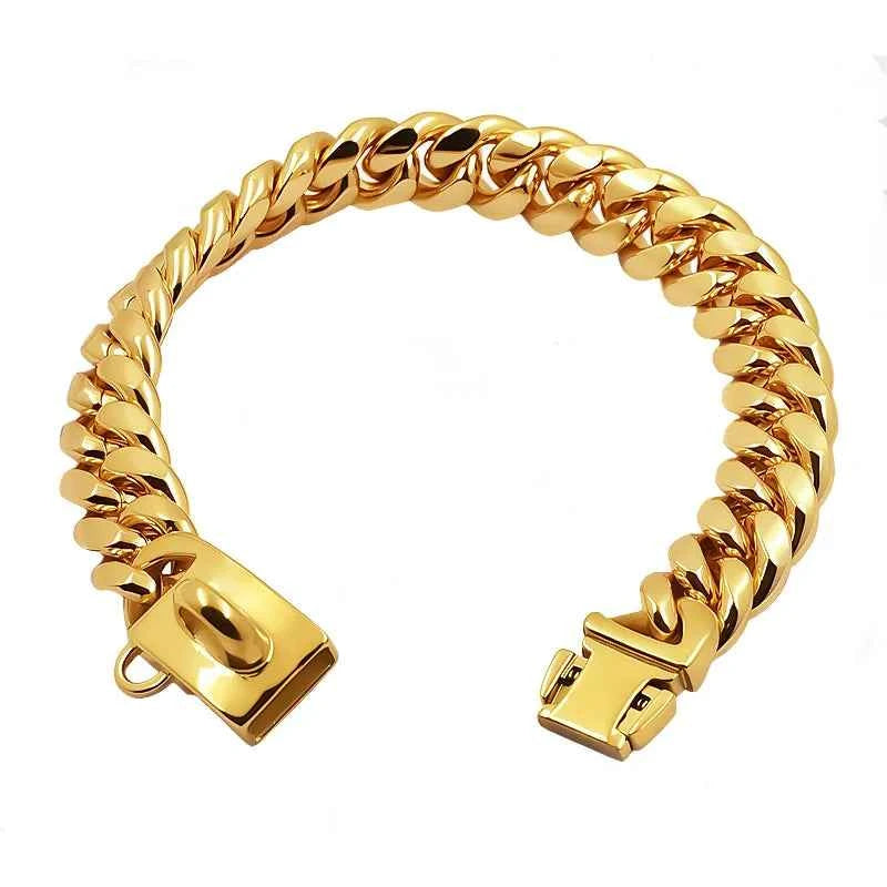 Metal Dog Collar Stainless Steel Pet Choker Gold Cuban Link Chain 14mm Wide Lead for Small Medium Large Dogs Pet Accessories luxecrown.co.uk