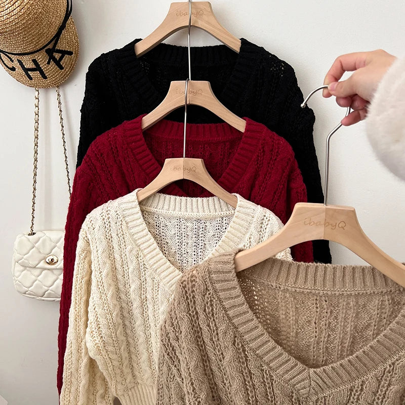 Autumn Striped Sweater Women Knitwears Solid Loose V Neck  Knit Pullover Warm Long Sleeves Tops Khaki Knitted Jumpers Women