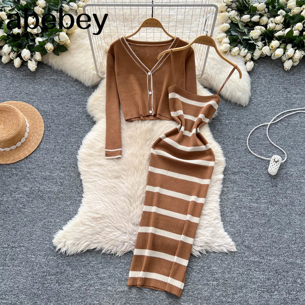 New Fashion Autumn Knitted Suits Long Sleeve V Neck Buttons Top+Stripe Strap Bodycon Dress Elegant OL Women Two Piece Sets
