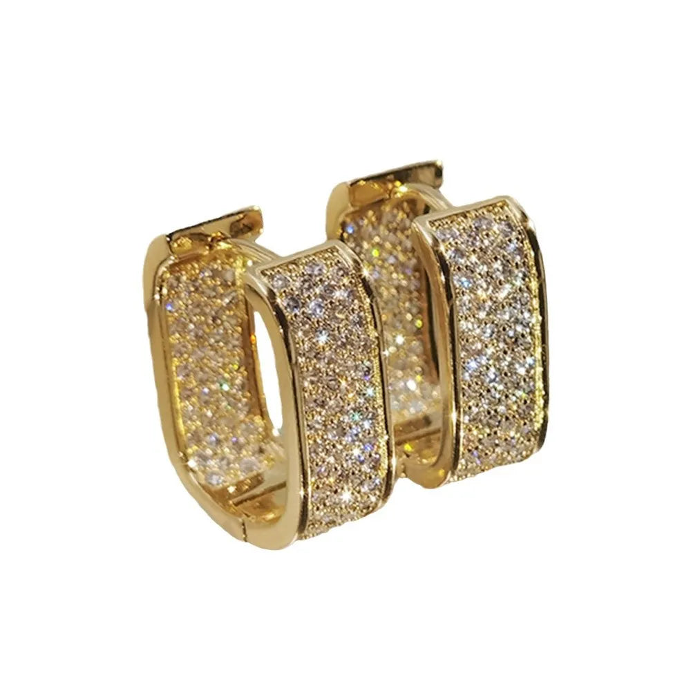 Luxury Full of Zircon Shiny Geometric Square Hoop Earrings for Women Temperament Gold Color Stainless Steel Korea Jewelry Gift Streetsharks