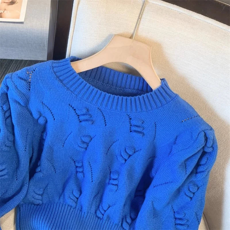2026 New Autumn Winter Women O-neck Long Sleeve Knitted Sweaters Hollow Out Knitwear Crochet Solid Color Short Pullover Tops