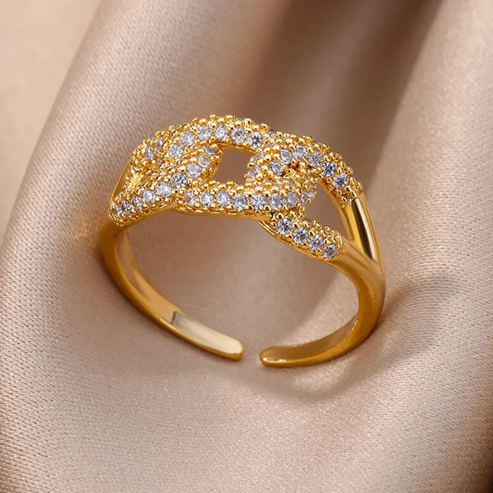 Fashion Gold Color Stainless Steel Rings For Women Chain Hollow Out Crystal Zircon Finger Ring Jewelry 2023 Gift anillos mujer Streetsharks