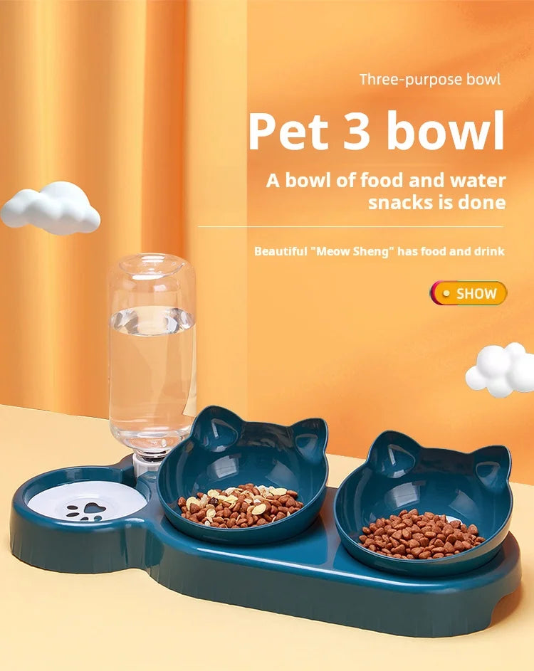 Pet Bowls With Water Feeder, 3 In 1 Ear Design Tilted Cat Water And Food Bowl Set With Gravity Water Bottle For Neck Protection luxecrown.co.uk