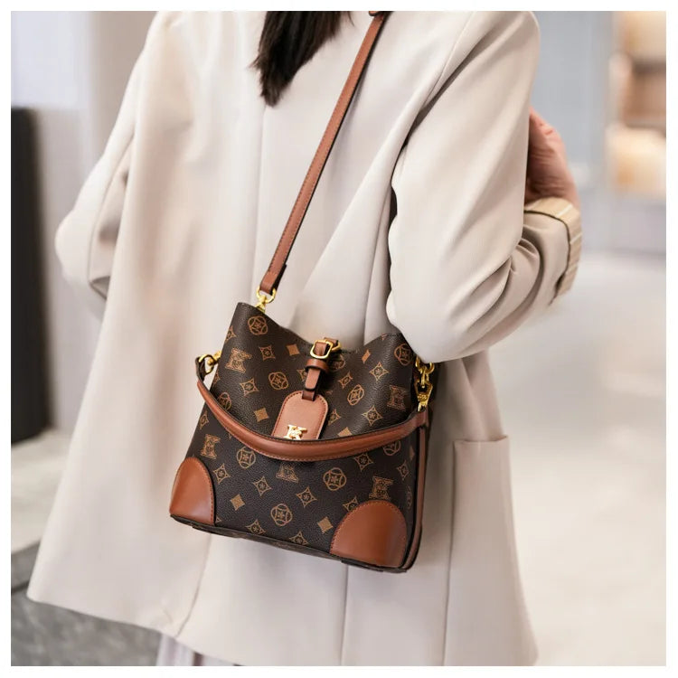 High-End Large Capacity Bucket Bag Women's Fashion Luxury Retro Floral Print Single Shoulder Bag Vintage Style PU Material luxecrown.co.uk
