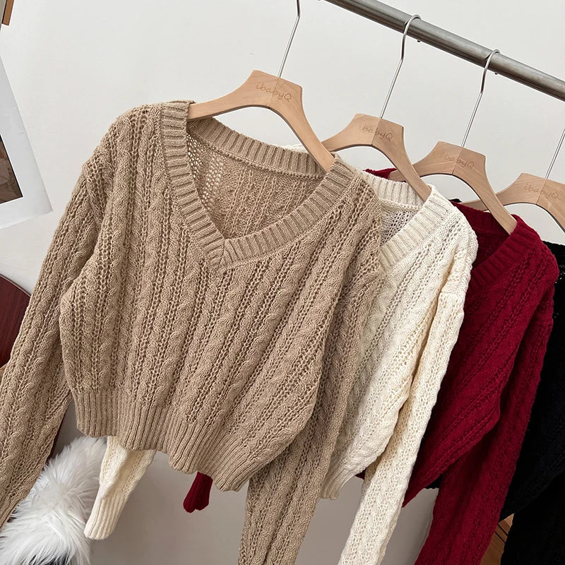 2026 New Autumn Winter Loose Casual Knitwear V-neck Long Sleeve Knitted Sweaters Twist Hollow Out Crochet Short Pullover Tops