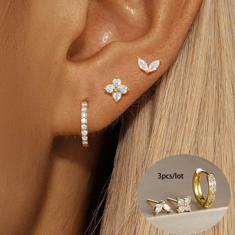 3PCS Stainless Steel Gold Color Circle Hoop Earrings Set for Women Simple Zircon Flower Stud Earring Cartilage Piercing Jewelry Streetsharks