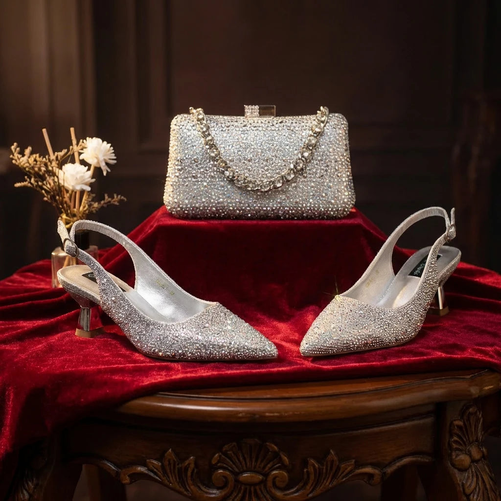 2026 Nigerian Women Heel Ladies Italian Luxury Design Green Shoes And Bag Set Decorated with Rhinestone Handbag Wedding Party luxecrown.co.uk