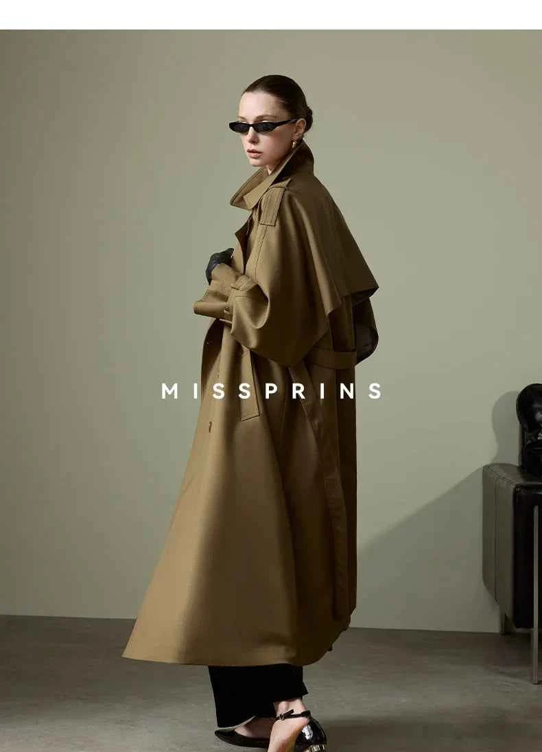 Lautaro Spring Autumn Long Khaki Trench Coat for Women Belt Double Breasted Chic Luxury Designer European Fashion Clothes 2025