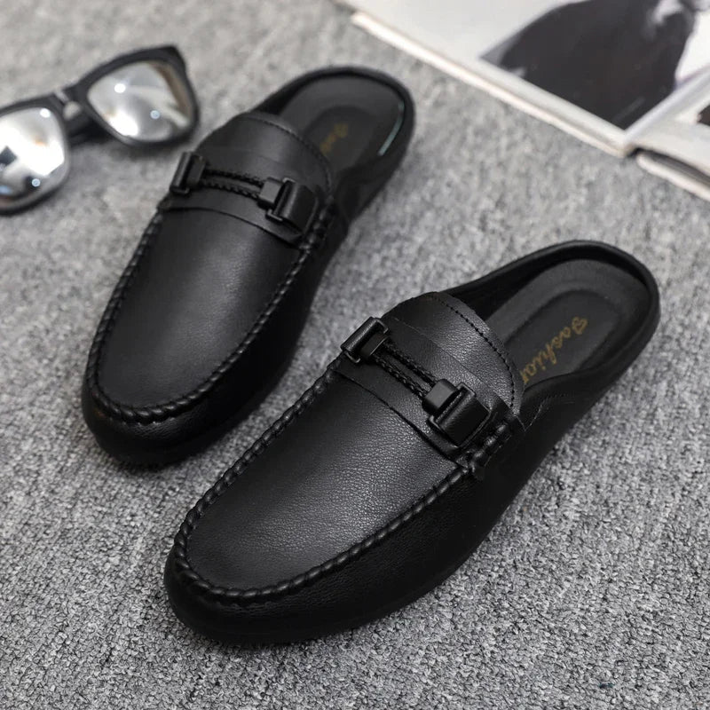 Summer Leather Men Half Slippers Breathable Mens Casual Shoes Slip-on Lazy Driving Shoes Comfortable Walking Loafers Moccasins luxecrown.co.uk