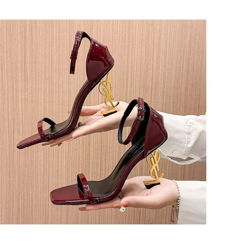High Heel Open End Sandals, Sexy, with Unique Strap, Red Wine Color, Elegant Personality New Summer Style Elegant Ladies Sandals luxecrown.co.uk