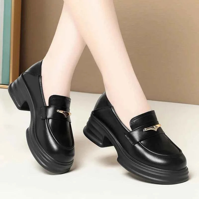 Thick-Soled Loafers Women's Spring And Autumn New British Style Retro Sponge Cake Leather Shoes Thick Heel Black Single Shoes luxecrown.co.uk