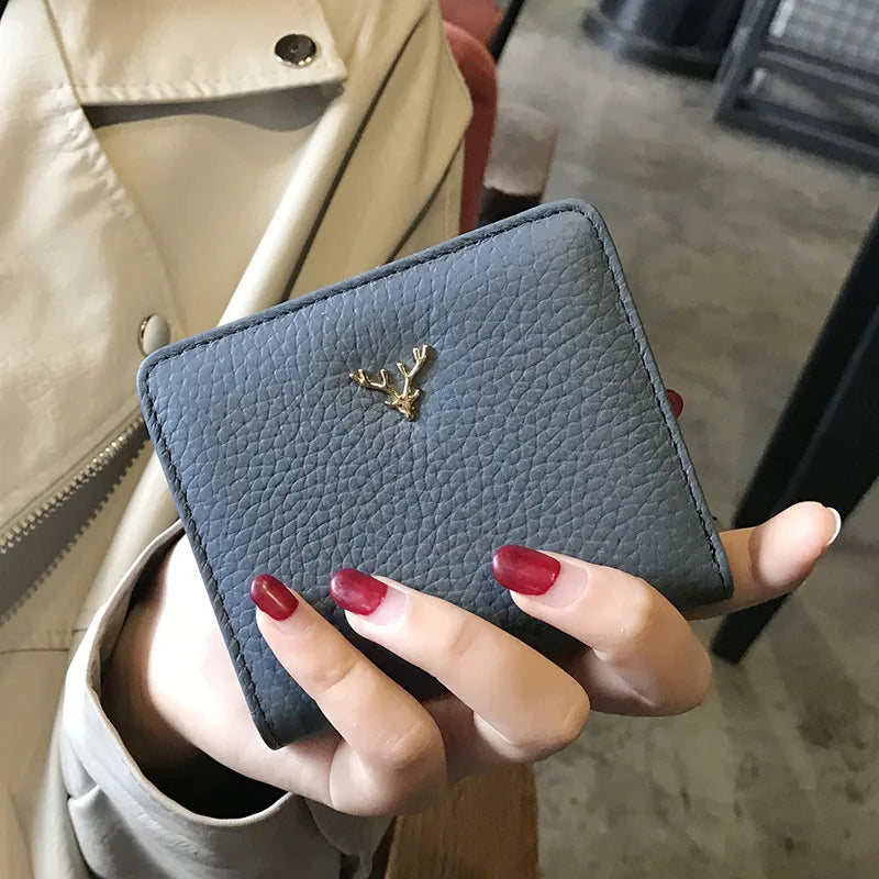 Cowhide Women's Purses Short Thin Small Wallet Chic Christmas Deer Button Ladies Genuine Leather Card Holder Wallet Coin Purse luxecrown.co.uk