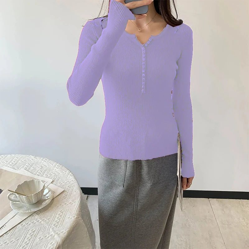 2026 Spring Autumn Basic Sweaters Knitted Women Sweater Button O-neck Pullovers Female Pullover Slim Solid Bold Stripes Tops