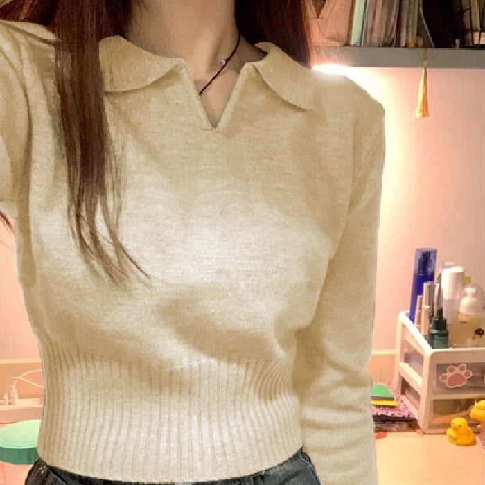 Korean Chic Turndown Collar Sweaters Female Gray Slim Fit Long Sleeve Cropped Sweater for Woman Streetwear Knit Pullovers