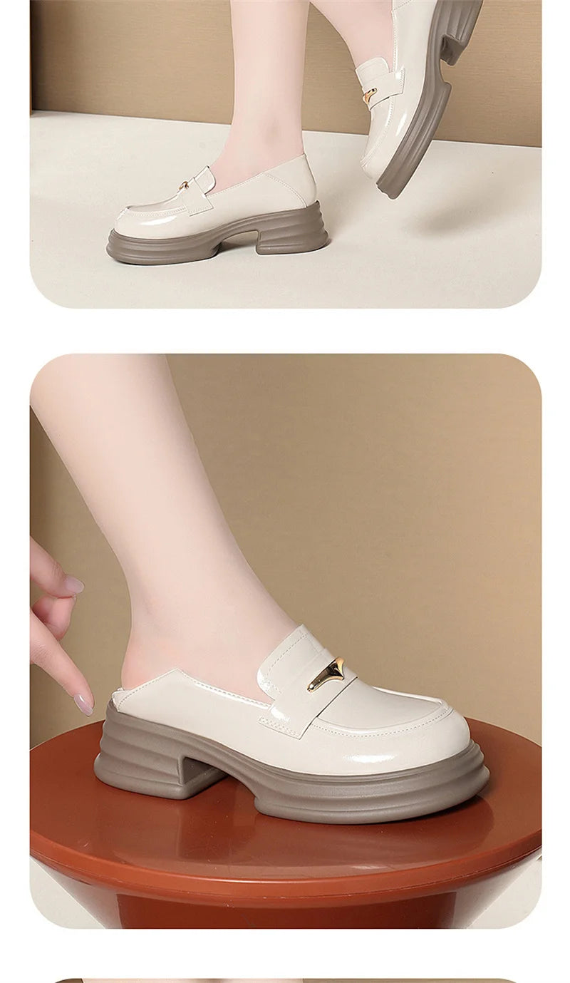 Thick-Soled Loafers Women's Spring And Autumn New British Style Retro Sponge Cake Leather Shoes Thick Heel Black Single Shoes luxecrown.co.uk