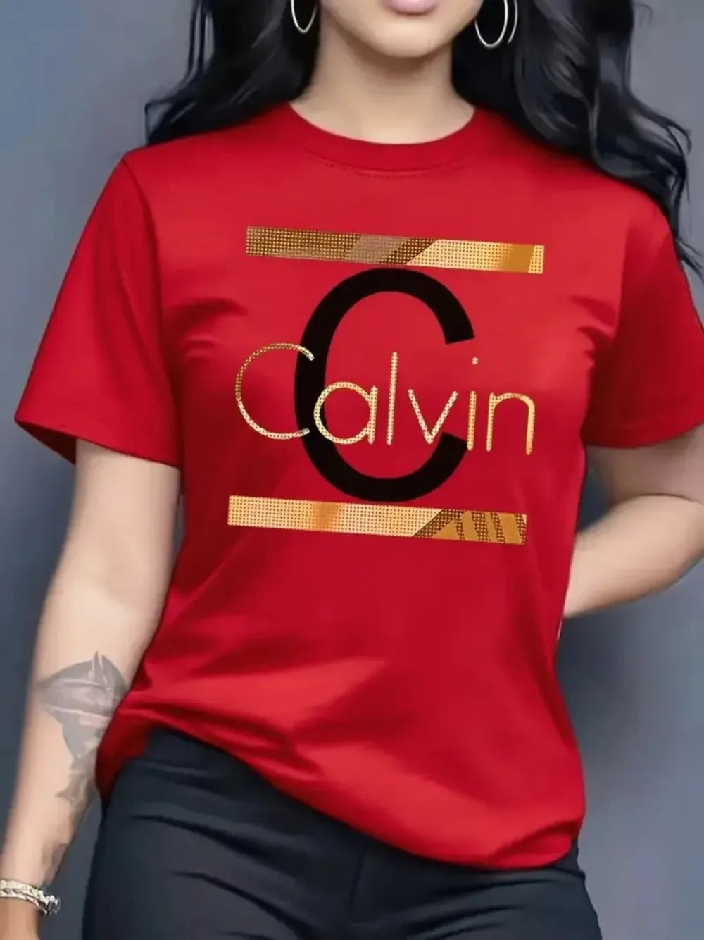 Hot Sale Women's Summer Fashion Casual Calvin Letter Pattern Print Loose Round Neck Short Sleeve Sportswear T-shirt y2k clothes luxecrown.co.uk