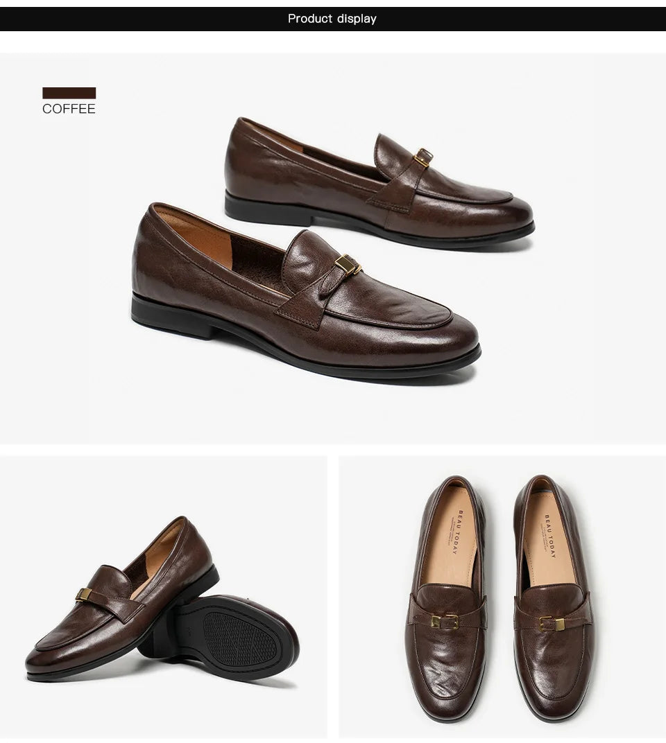 BEAUTODAY Loafers Women Cow Leather Waxing Round Toe Metal Buckle Strap Slip-on Flats Business Suit Ladies Shoes Handmade 26267 luxecrown.co.uk