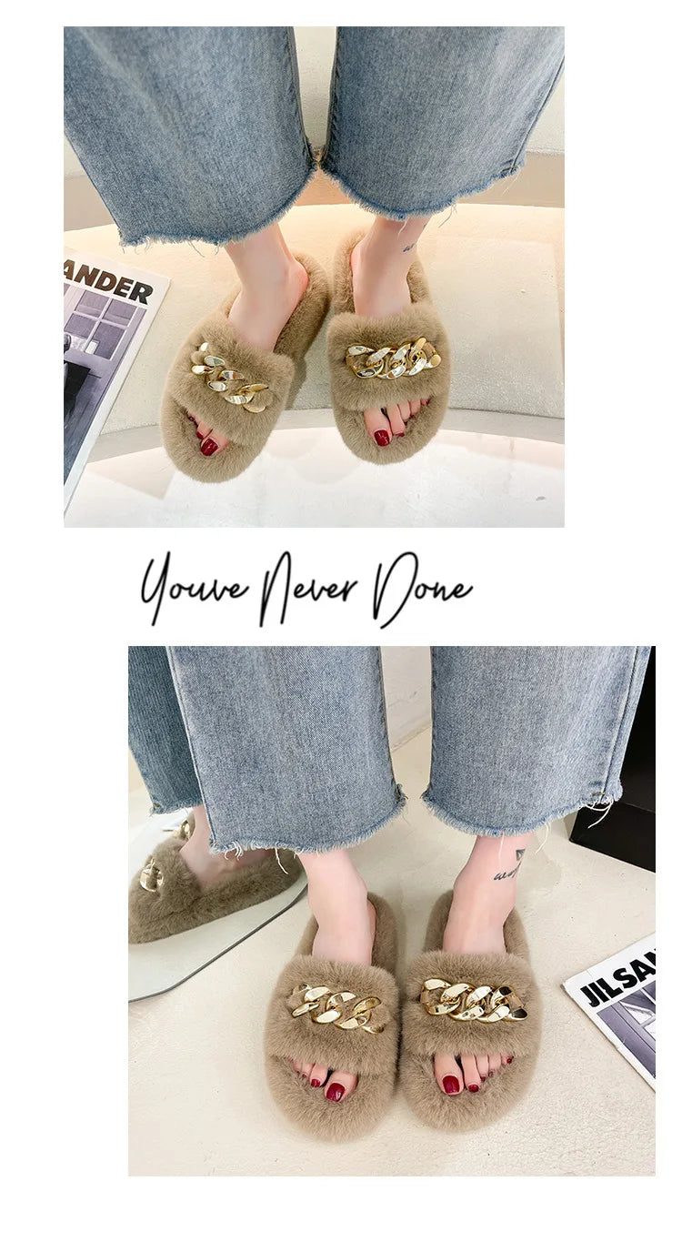 Fashion Faux Fox Fur Slippers Women Spring Autumn Fluffy Slides Ladies Peep Toe Fur Shoes Flat Large Size Furry Soft House Shoes luxecrown.co.uk
