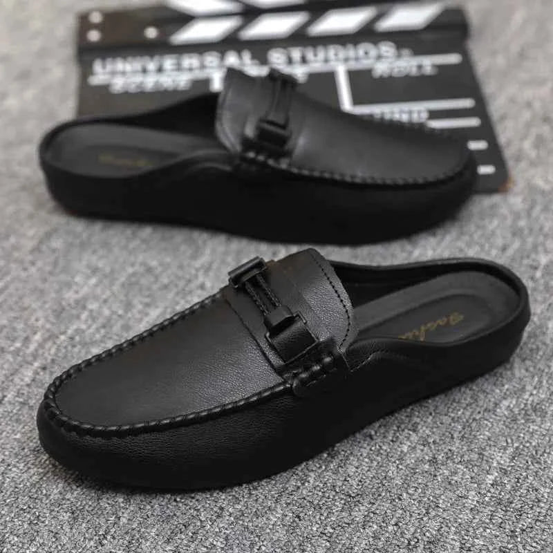Summer Leather Men Half Slippers Breathable Mens Casual Shoes Slip-on Lazy Driving Shoes Comfortable Walking Loafers Moccasins luxecrown.co.uk