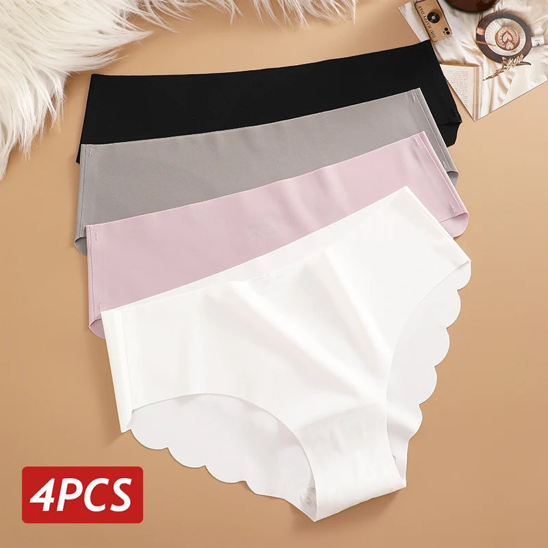 Ice Silk Seamless Panties 4PCS/Set Women's Briefs Solid Color Elastic Underwear Female Ultra Thin No Trace Wavy Side Panties