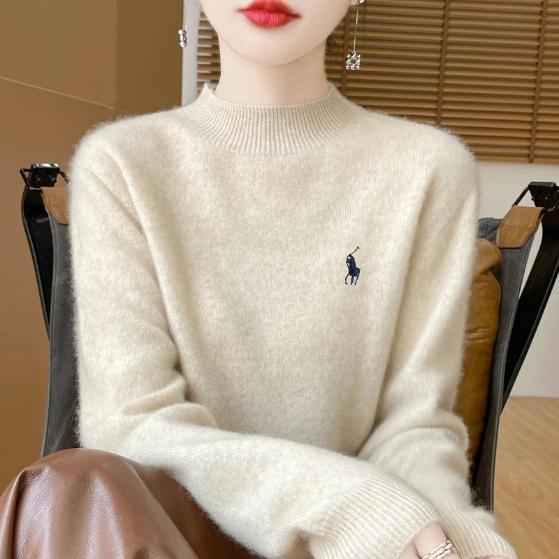 2024 Autumn/Winter Women's New Cashmere Hoodie Fashionable Embroidered Half High Neck Soft Cashmere Explosive100% Australianwool Streetsharks