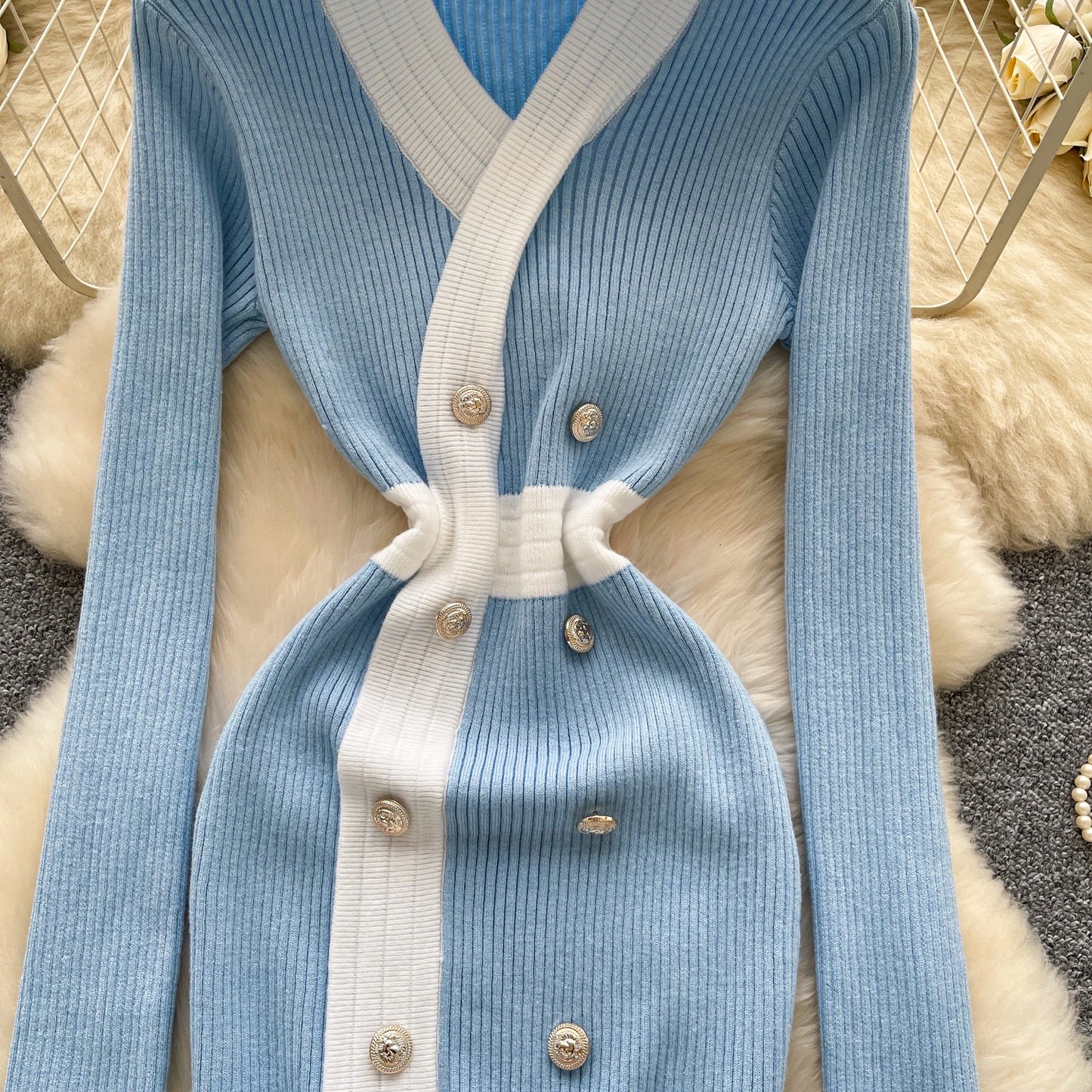 Women's French Style V Neck Long Sleeve Knitted Bodycon Dress Classic Soft Office Elegant Lady Autumn