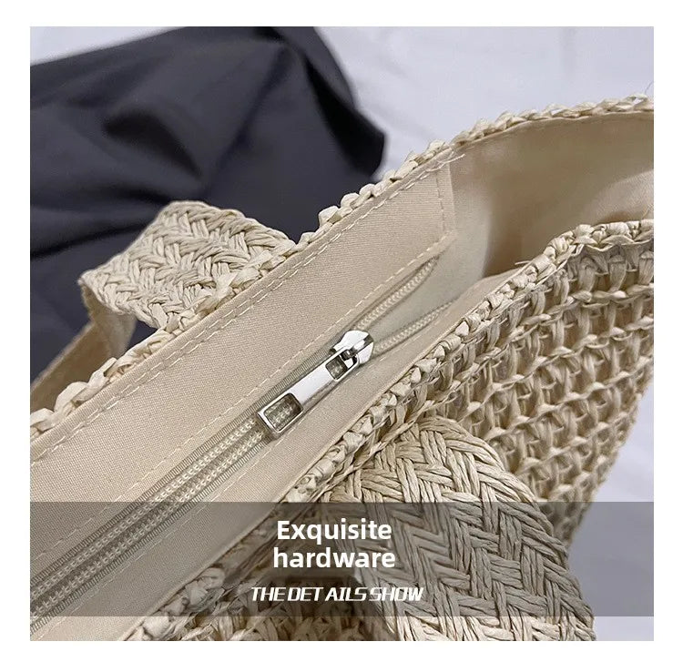 French Style Large Capacity Woven Straw Woven Bag for Women New Beach Vacation Shoulder Bag Casual Commuting Tote Bag Purse luxecrown.co.uk