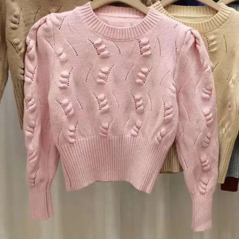 2026 New Autumn Winter Women O-neck Long Sleeve Knitted Sweaters Hollow Out Knitwear Crochet Solid Color Short Pullover Tops