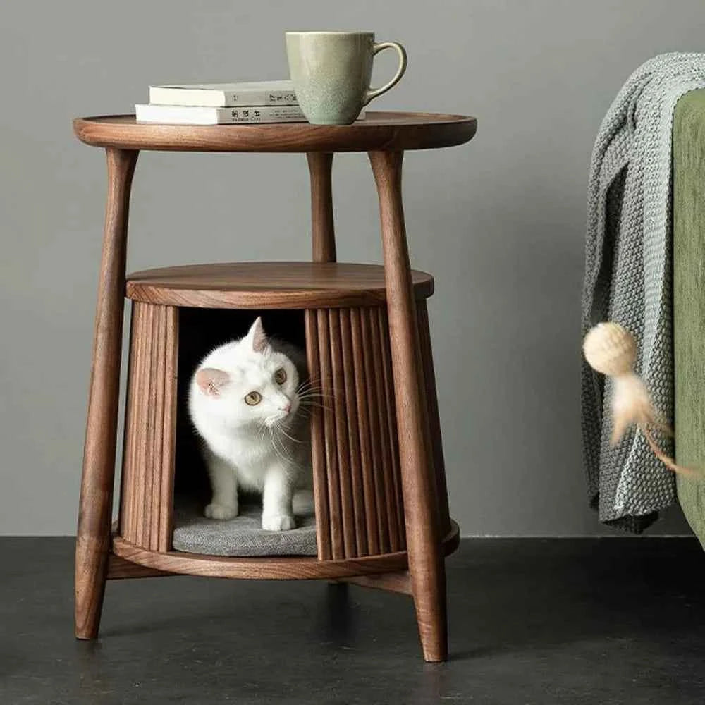 Solid Wood End Table with Built-in Cat House, Nightstand Coffee Table for Small Cats, Pet Bed Side Table Cat Condos