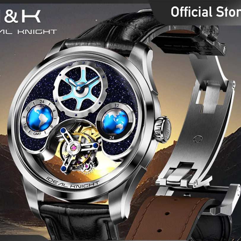 IDEAL KNIGHT Top Brand Luxruy Mens Watch Advanced Tourbillon Automatic Mechanical Watch Waterproof Luminous Dual Region Time