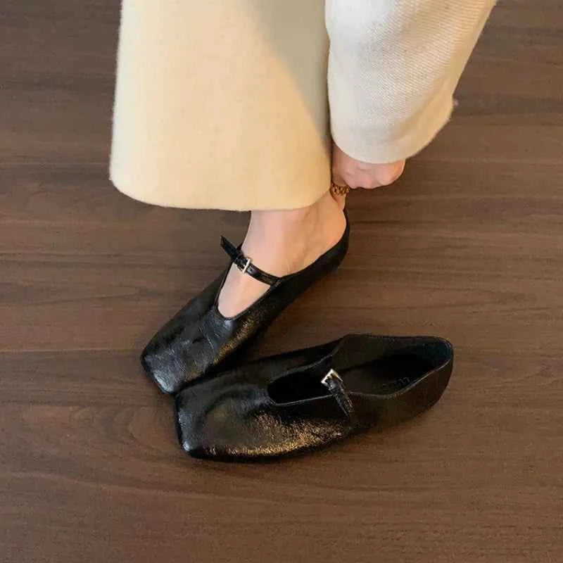 2025 Lightweight Summer French Retro Genuine Leather Shoes Minimalist Elegant Square Toe Flat Shoes Loafers Shoes Women luxecrown.co.uk