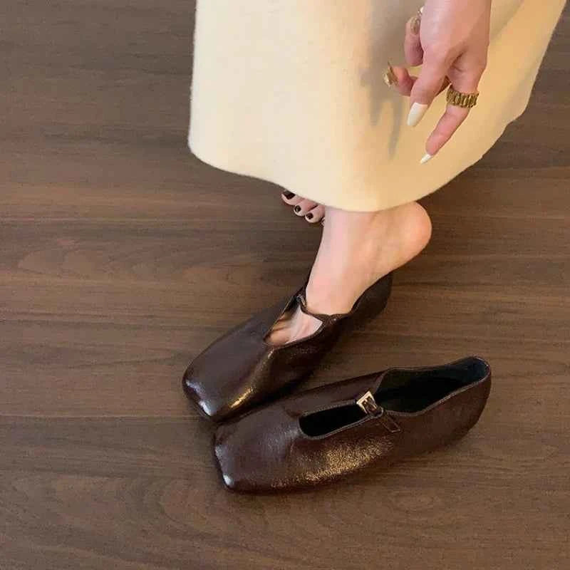 2025 Lightweight Summer French Retro Genuine Leather Shoes Minimalist Elegant Square Toe Flat Shoes Loafers Shoes Women luxecrown.co.uk