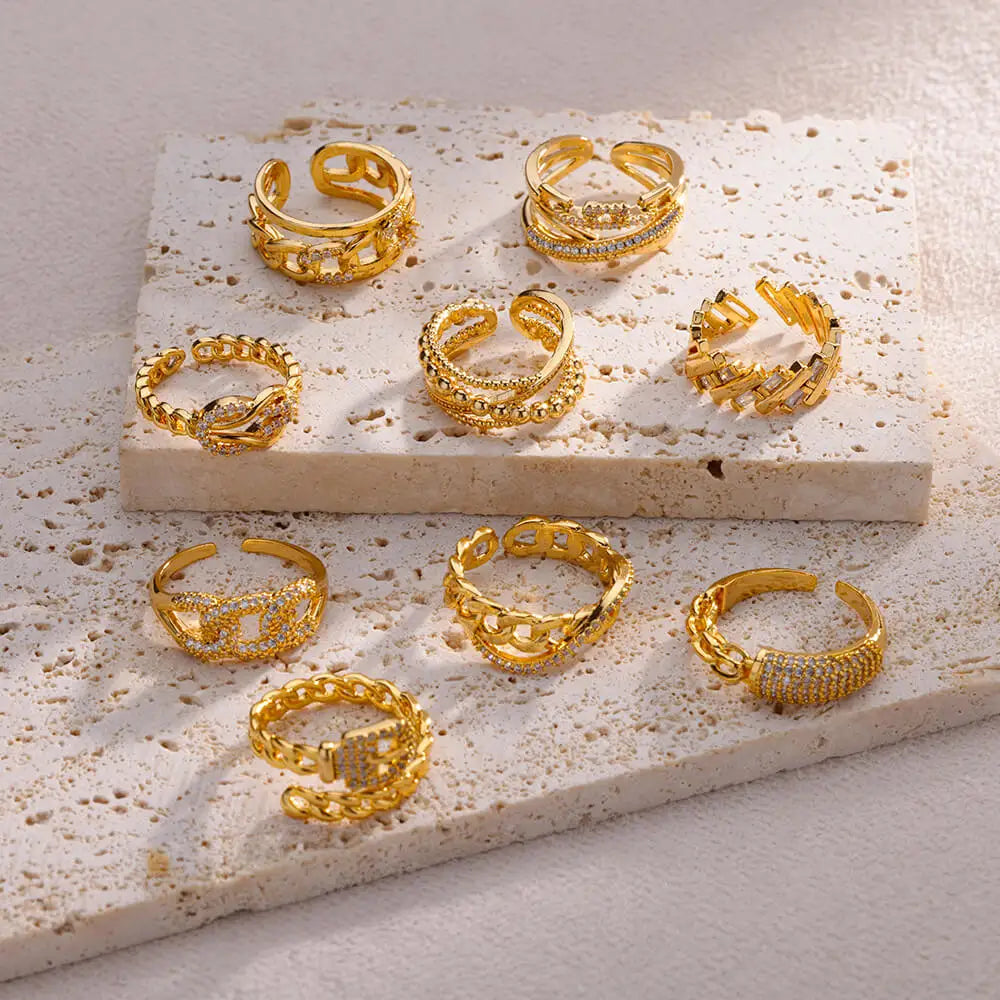 Fashion Gold Color Stainless Steel Rings For Women Chain Hollow Out Crystal Zircon Finger Ring Jewelry 2023 Gift anillos mujer Streetsharks