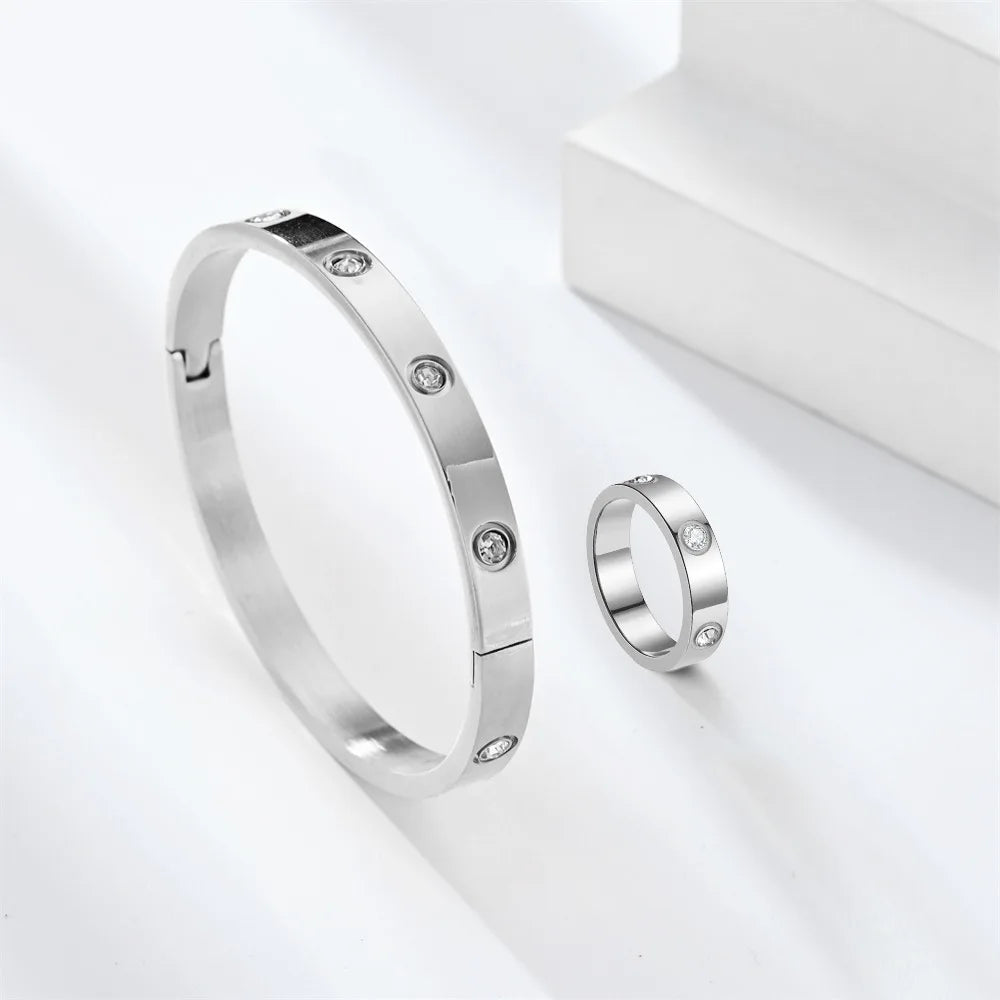 Stainless Steel Luxury Fashion Jewelry Set Golden Women Bangle Bracelet Love Cross Finger Rings For Men Women Jewelry Set Gift Streetsharks