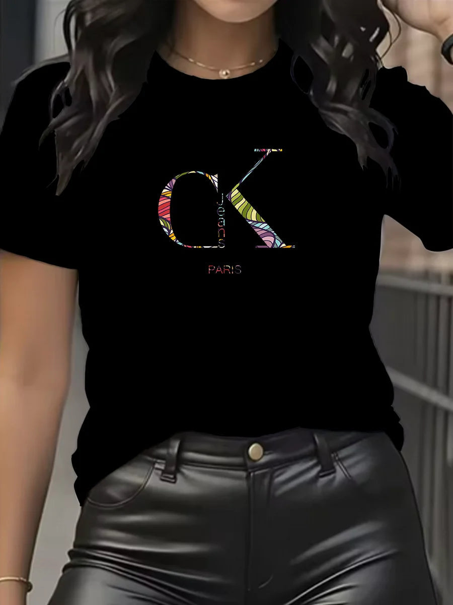 Summer luxury brand fashion cartoon letter print crew collar clothing short sleeve T-shirt trend women's summer Y2K top luxecrown.co.uk
