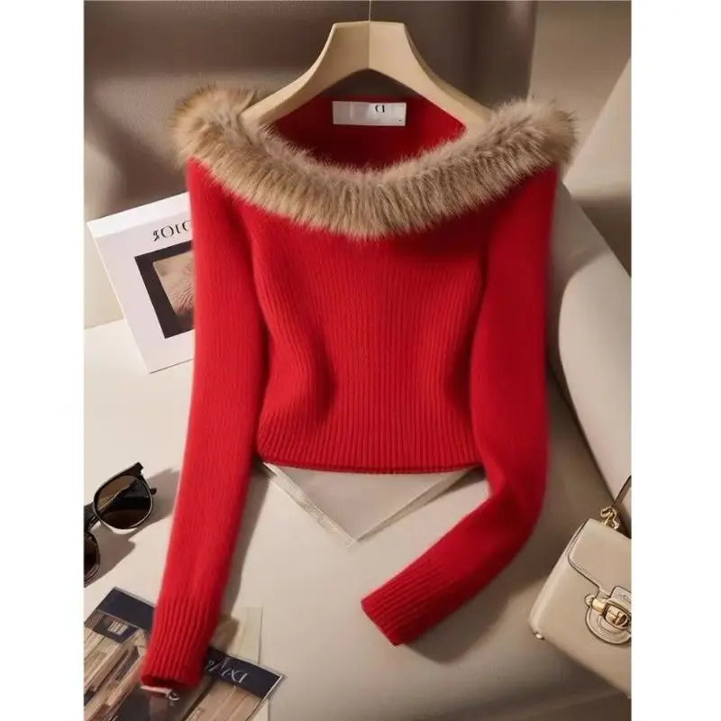 2026 New Autumn Winter Women Long Fur Collar Sleeve Knitted Sweaters Elastic Slim Solid Multi Color Short Pullover Tops