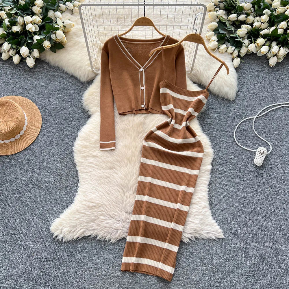 New Fashion Autumn Knitted Suits Long Sleeve V Neck Buttons Top+Stripe Strap Bodycon Dress Elegant OL Women Two Piece Sets