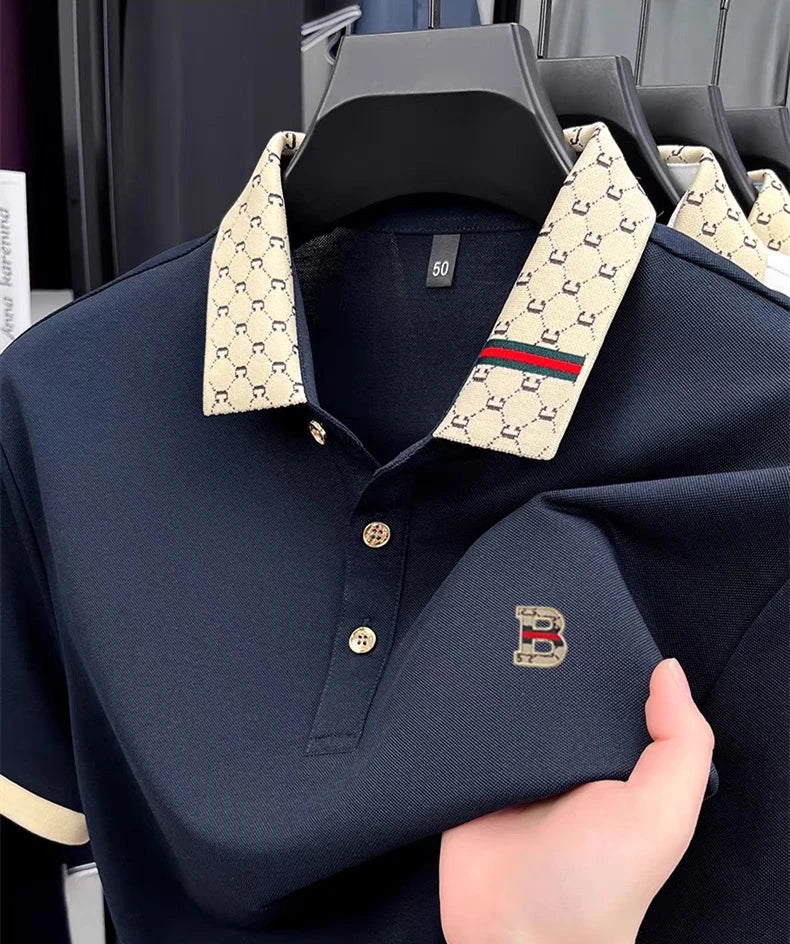 Luxury brand B letter embossed short sleeve polo shirt men summer lightweight breathable new fashion color blocked lapel T-shirt luxecrown.co.uk