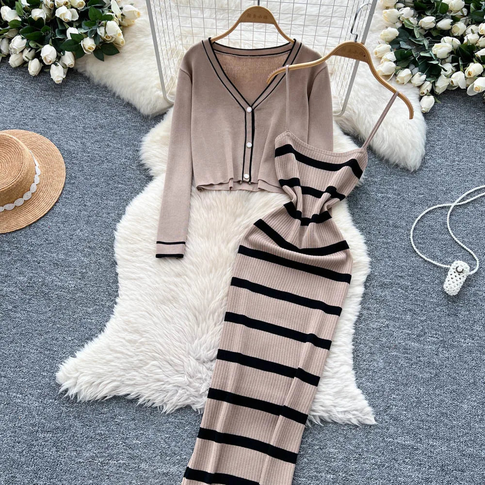 New Fashion Autumn Knitted Suits Long Sleeve V Neck Buttons Top+Stripe Strap Bodycon Dress Elegant OL Women Two Piece Sets