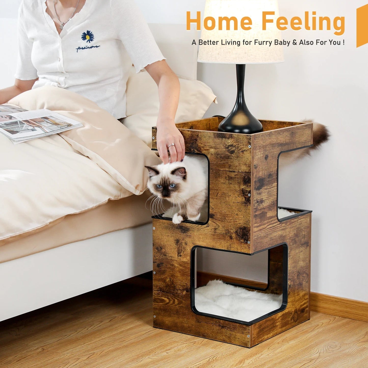 Wood Cat Condo House Bed with Removable Soft Mats Modern Cat Tree Tower with Scratching Pad Cat Scratcher Furniture Kitten Toys luxecrown.co.uk