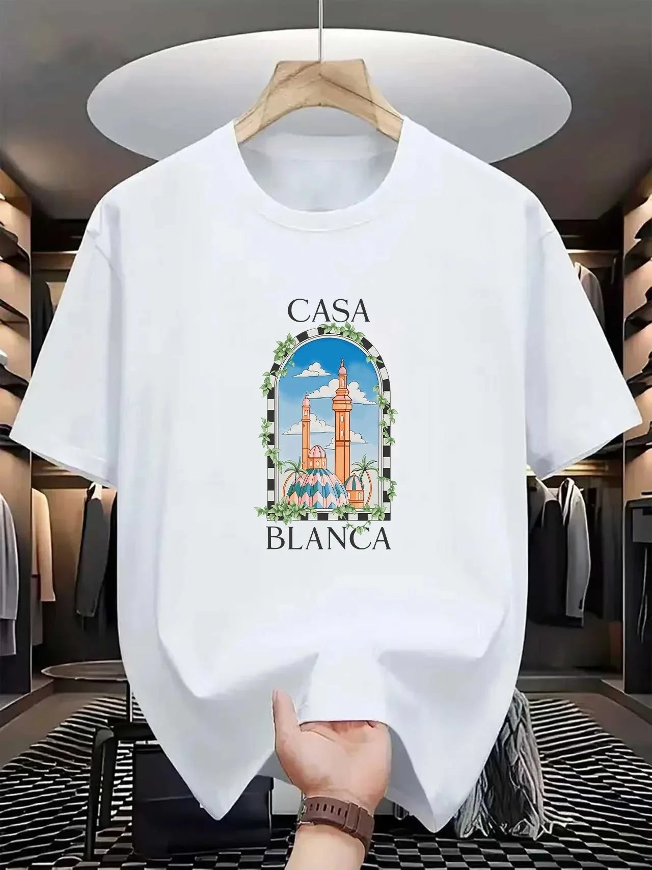 Vintage Casablanca T-Shirt Architecture Graphic Tee Streetwear Men Short Sleeve Summer Hip Hop Casual Loose T-Shirt Clothing luxecrown.co.uk