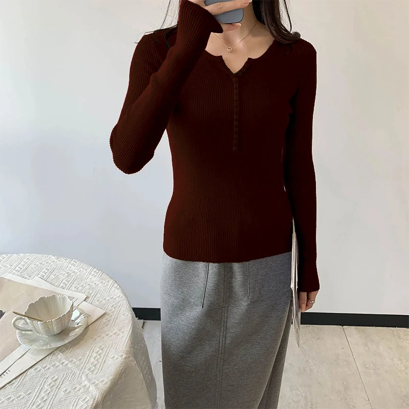 2026 Spring Autumn Basic Sweaters Knitted Women Sweater Button O-neck Pullovers Female Pullover Slim Solid Bold Stripes Tops