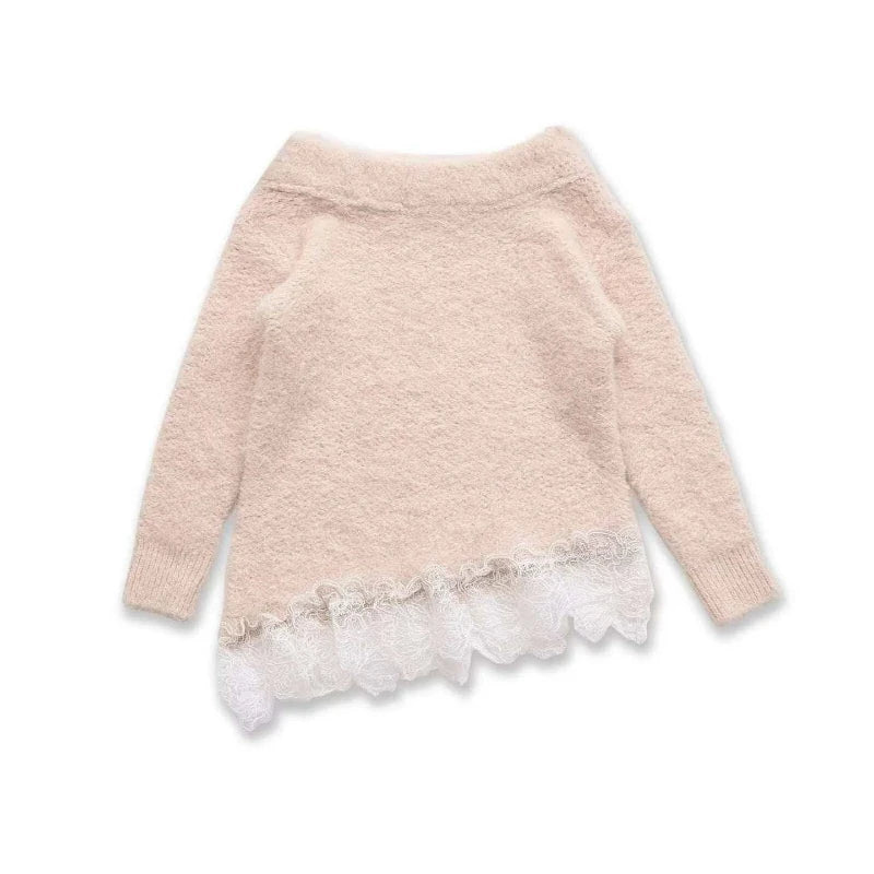 TARUXY Stylish Lace-Paneled Pullover Sweater Women's Solid Round Neck Long Sleeves Loose Knitted Sweater Autumn Commuter Sweater