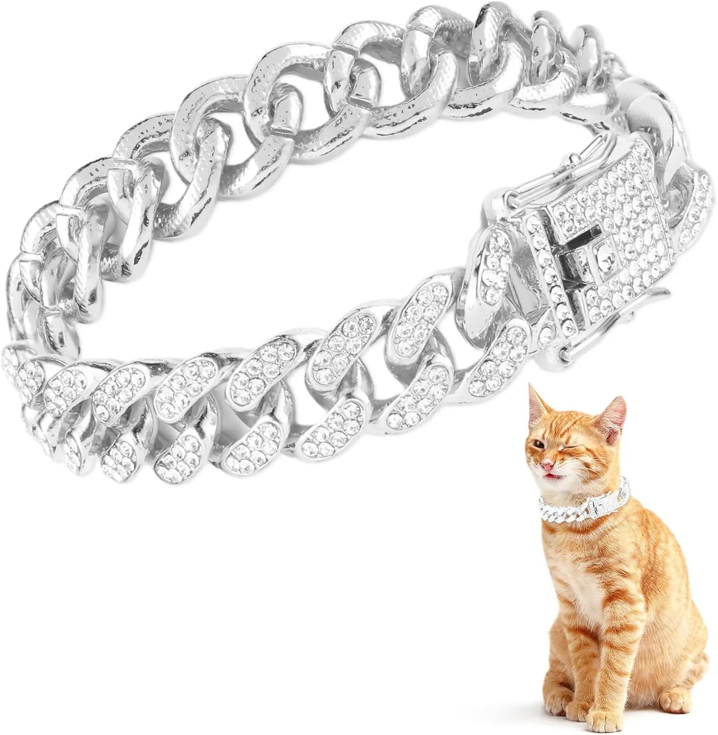 Fashion Jewelry Accessories Gold Cuban Chain Cat Collar Luxury Crystal Rhinestone Pet Kitten Necklace for Cats luxecrown.co.uk