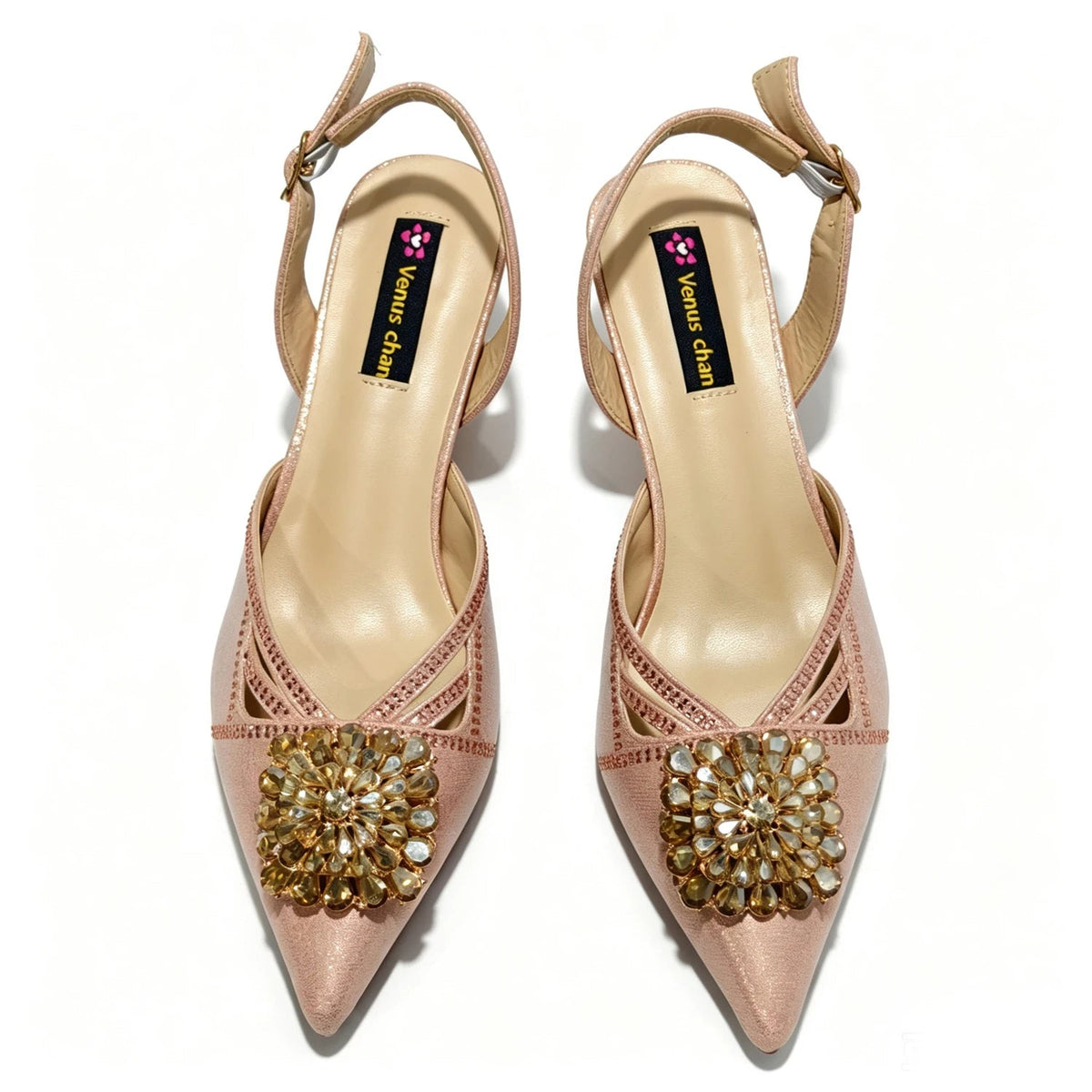 2026 Italian Peach Gold Rhinestone HAND CRAFTED UPPER Pointed Toe Women High Heels Shoes and Bag Set Elegant Party Shoes luxecrown.co.uk