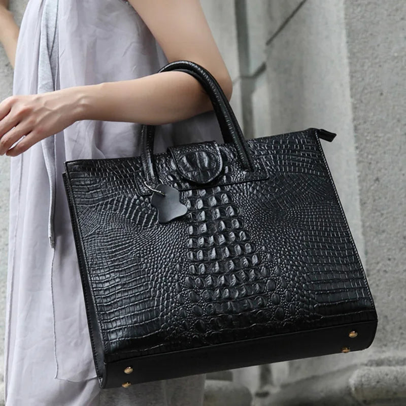 New Fashion Luxury Crocodile Pattern Women's Real Leather OL Handbags Genuine Leather Ladies Shoulder Bag Business Computer Bags luxecrown.co.uk