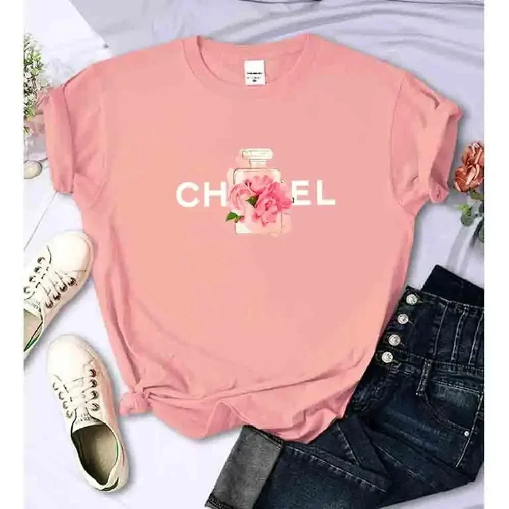 Luxury Fashion Brand Printed Women's Summer T-Shirt Alphabet Flower Perfume Shirt Pattern T-Shirt High Quality Short Sleeve Top Streetsharks