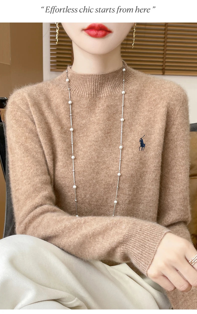 2024 Autumn/Winter Women's New Cashmere Hoodie Fashionable Embroidered Half High Neck Soft Cashmere Explosive100% Australianwool Streetsharks