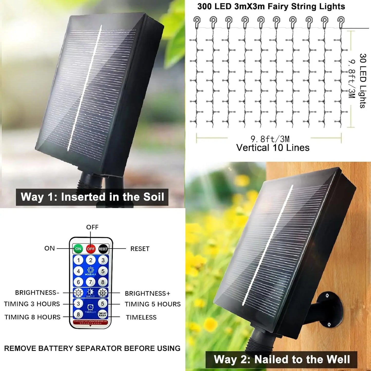 Solar Curtain Lights Outdoor Fairy Lights 300 LED Remote Control Waterproof Fairy String Light for Party Christmas Autumn Decor Streetsharks