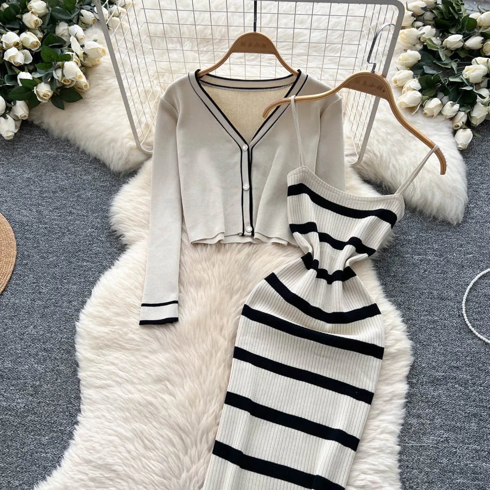 New Fashion Autumn Knitted Suits Long Sleeve V Neck Buttons Top+Stripe Strap Bodycon Dress Elegant OL Women Two Piece Sets
